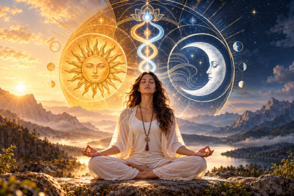 Persona meditando rodeada de símbolos del Sol y la Luna que representan el equilibrio y la transformación interior
