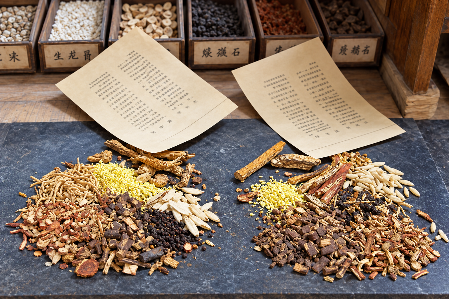 Plantas secas, raíces y cortezas sobre un mostrador de una herboristería tradicional china.