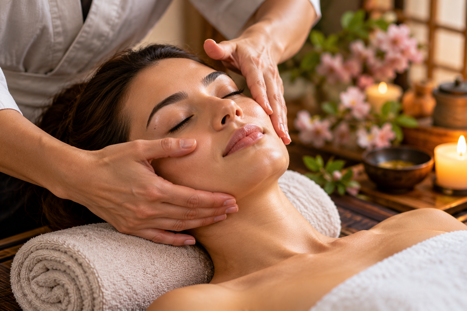 Mujer recibiendo un masaje facial Kobido japonés en un ambiente relajante.