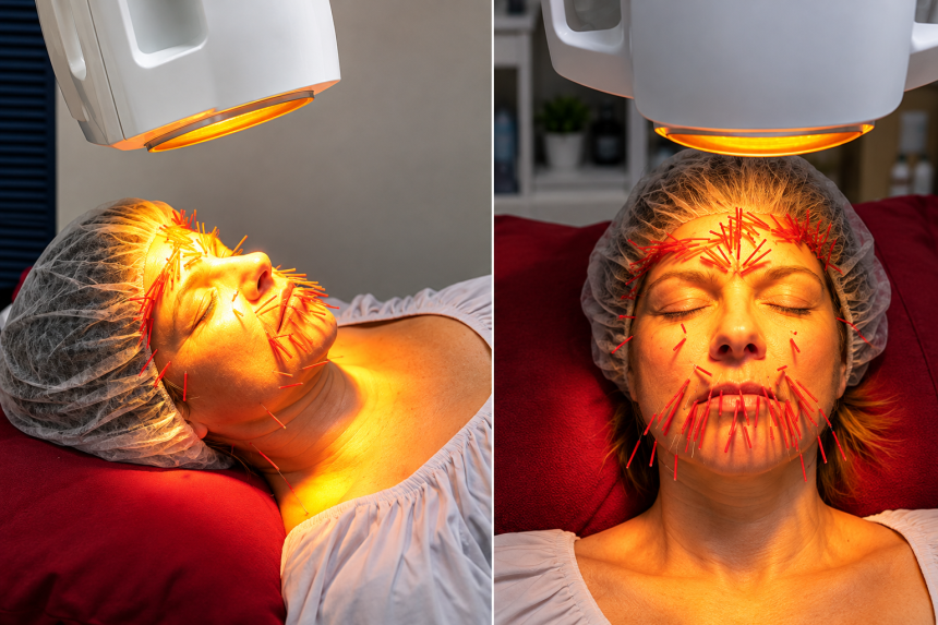 Mujer recibiendo un tratamiento facial con agujas de acupuntura y un dispositivo de fototerapia BIOPTRON.