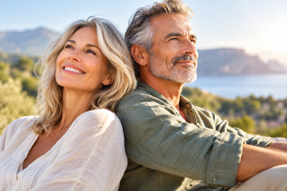 Mujer y hombre maduros que representan el bienestar y los cambios hormonales durante la menopausia y la andropausia